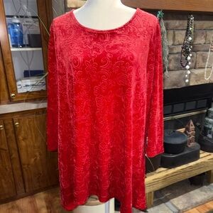 RUBY RD WOMAN SIZE 1X RED 3/4 SLEEVE TUNIC LENGTH TOP PAISLEY FLORAL DESIGN EUC